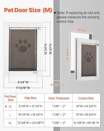 VEVOR Pet Door, Medium, with Three Magnetic Flaps and Metal Frame, Strong and Weatherproof Dog Door for Interior and Exterior Doors, Easy to Install, Easy in-and-Out Access for Doggies, White