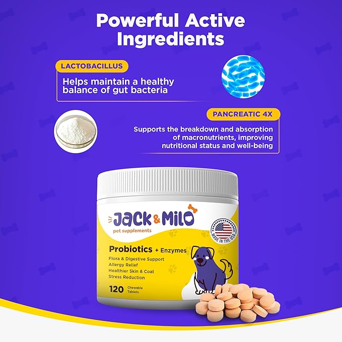 Jack & Milo - Probiotics for Dogs, Digestive Enzymes, Allergy & Immune Support Probiotic-Dog Probiotics, Veterinary Grade, 7.5 Billion CFU's +Pancreatic 4X, Unique Blend- USA Made, 120 Tablets