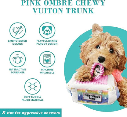 Haute Diggity Dog Chewy Vuiton Trunk Puzzle with 3 Plush Squeaky Dog Toys, Soft Durable Designer-Inspired Stuffed Puppy Chew Toys for Small & Medium Dogs, Machine-Washable (Pink Ombre) One Size