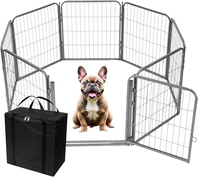 Dog Playpen w/Carrying Case for Indoor or Outdoor Use – 24 Inch, 8 Grey Panels - Portable Metal Exercise Pen for Small Dogs & Puppies - Pet Fence Kennel Crate for House, RV, or Travel
