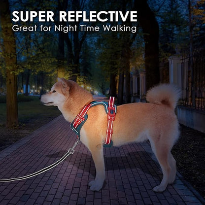 PHOEPET No Pull Dog Harness, Unique Colors Reflective Adjustable Dog Vest, with Soft Training Handle Metal Clips for Small Medium Large Dogs (Teal Base & Red Straps,L)