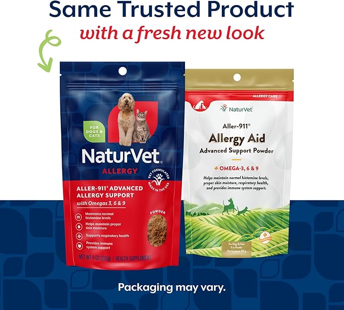 NaturVet Aller-911 Advanced Allergy Aid Formula Powder Plus Antioxidants for Dogs and Cats, 9 oz Powder, Made in The USA