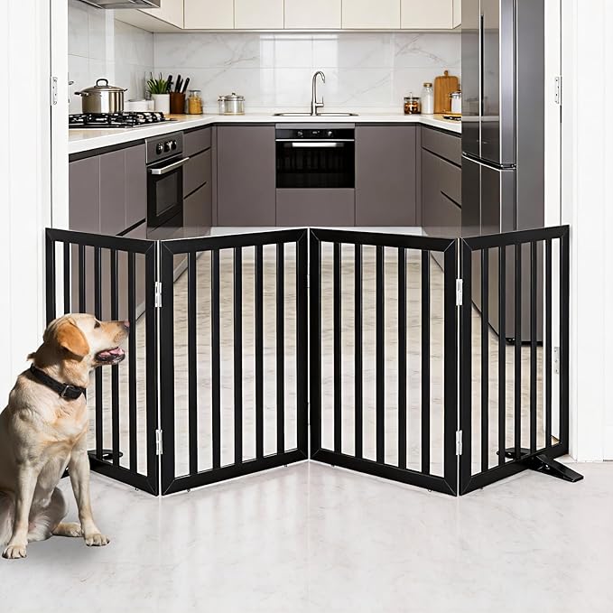 Dog Gate Indoor, Freestanding Dog Fence for The House, Doorways, Hallways,or Stairs,Pet Gate Foldable Wooden,Expandable 24" Height 4 Panels,Black
