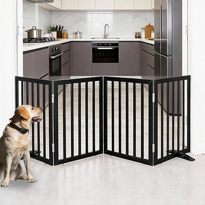 Dog Gate Indoor, Freestanding Dog Fence for The House, Doorways, Hallways,or Stairs,Pet Gate Foldable Wooden,Expandable 24" Height 4 Panels,Black