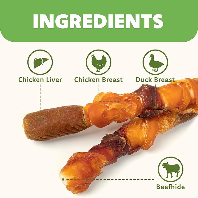 MON2SUN Dog Treats, Triple Flavor 6 Inch Chicken Liver Duck and Chicken Wrapped Rawhide Sticks, Teeth Cleaning Snacks for Medium Dogs, 17.6 oz (10 Count-Pack of 1)