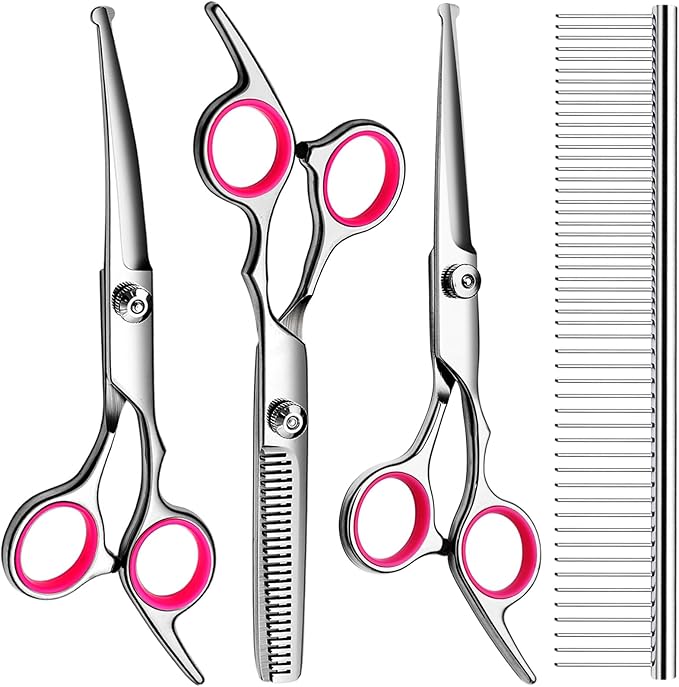 FAIGEO Professional Dog Grooming Scissors Kit, Titanium Coated Dog Scissors for Grooming, Grooming Shears Kit for Dogs Cat At Home (Pink 5 in 1)