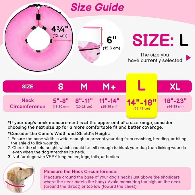 BARKLESS Inflatable Dog Cone, Protective Dog Surgery Collar to Stop Licking Biting Wounds, Patented Soft Donut Cone with Clear Shield, Adjustable Blow-up Collar for Surgery (Pink, L (Neck: 14"-18"))
