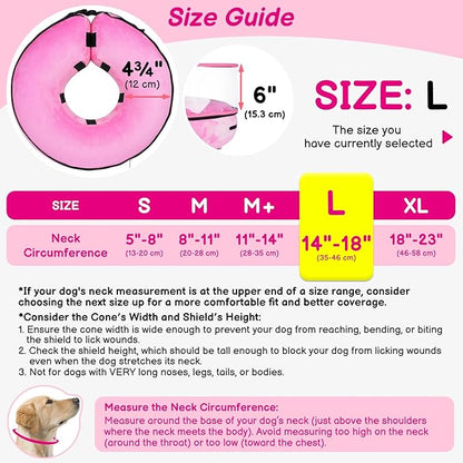 BARKLESS Inflatable Dog Cone, Protective Dog Surgery Collar to Stop Licking Biting Wounds, Patented Soft Donut Cone with Clear Shield, Adjustable Blow-up Collar for Surgery (Pink, L (Neck: 14"-18"))