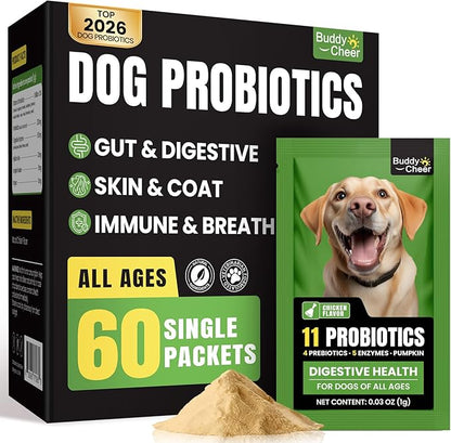 Probiotics for Dogs - Digestive & Gut Health for Sensitive Stomachs ，Dog Probiotics Powder for Skin & Coat, Breath and Immunity with 11 Strains, 4 Prebiotics, 5 Enzymes, Pumpkin, 60 Packets, Chicken