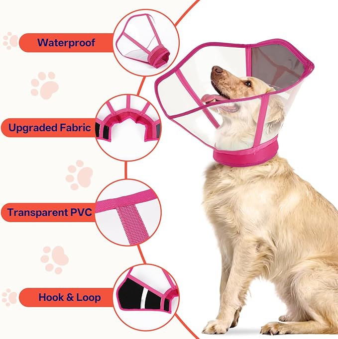 Foldable Dog Cone Collar - Adjustable Elizabethan Recovery Collar for Dogs After Surgery, Transparent Waterproof E-Collar to Stop Licking Wounds, Fits Small Medium Large Dogs, Rose Red, XL