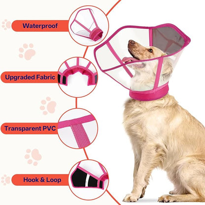 Upgraded Dog Recovery Cone Collar, Adjustable Soft Transparent E-Collar for Large Medium Small Dogs, Post-Surgery Protective Elizabethan Neck Collar, Rose Red, L