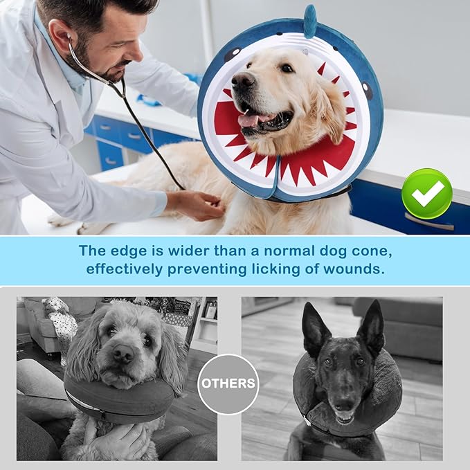 SCENEREAL Dog Cone Alternative After Surgery Pet Recovery Collar for Small Medium Large Dogs Cats, Adjustable Inflatable Donut to Prevent Licking, Shark Print E-Collars