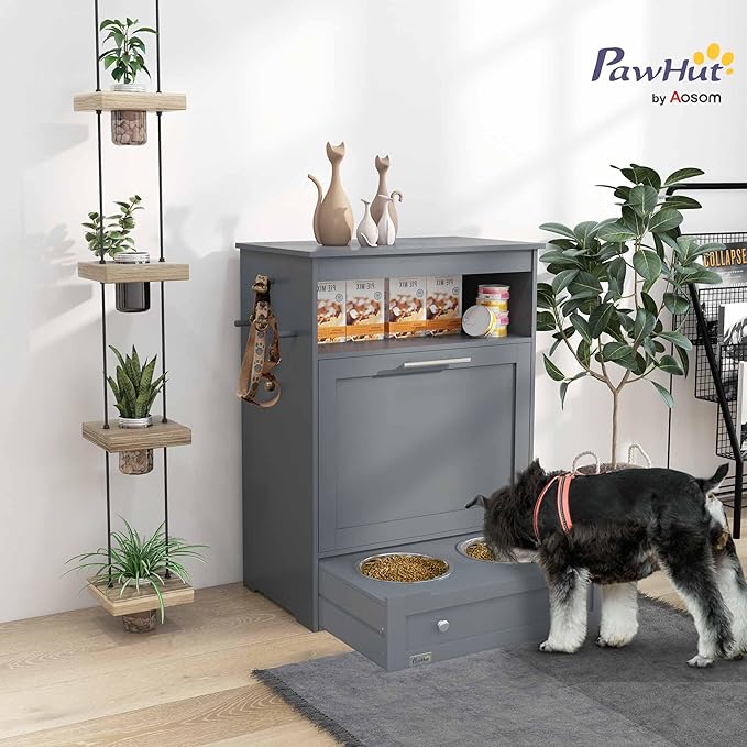 PawHut Dog Feeding Station with Raised Bowls & Storage Cabinet, Pet Feeder Cabinet Container with Hanger for Feeding & Watering Supplies, Dog Food Organizer, Gray