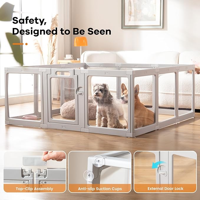 Clear Acrylic Dog Playpen Indoor, Puppy Cat Small Pet Play Pen, Pet Cat Playpen for Rabbits, Dog Fence Crate Kennel Whelping Cage (Grey, 12 Panel)