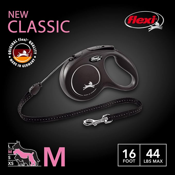 FLEXI New Classic Cord Retractable Dog Leash for Medium Dogs up to 44 lbs. – 16 ft., Black | Tangle-Free Pet Walking Leash with One-Handed Brake, Pause, Lock|German Quality Product
