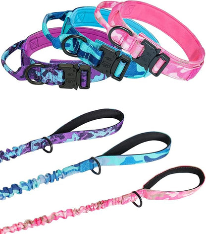 Hotsky Tactical Dog Collar and Leash Set, Heavy Duty Military Airtag Dog Collar with Handle and Metal Buckle for Training and Walking, with Airtag Holder and Two Patches (Purple Camo, L)