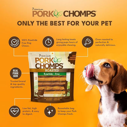 Pork Chomps Dog Chews, Roasted Pork Skin, 6-inch Twists | 15 Count | Pack of 2