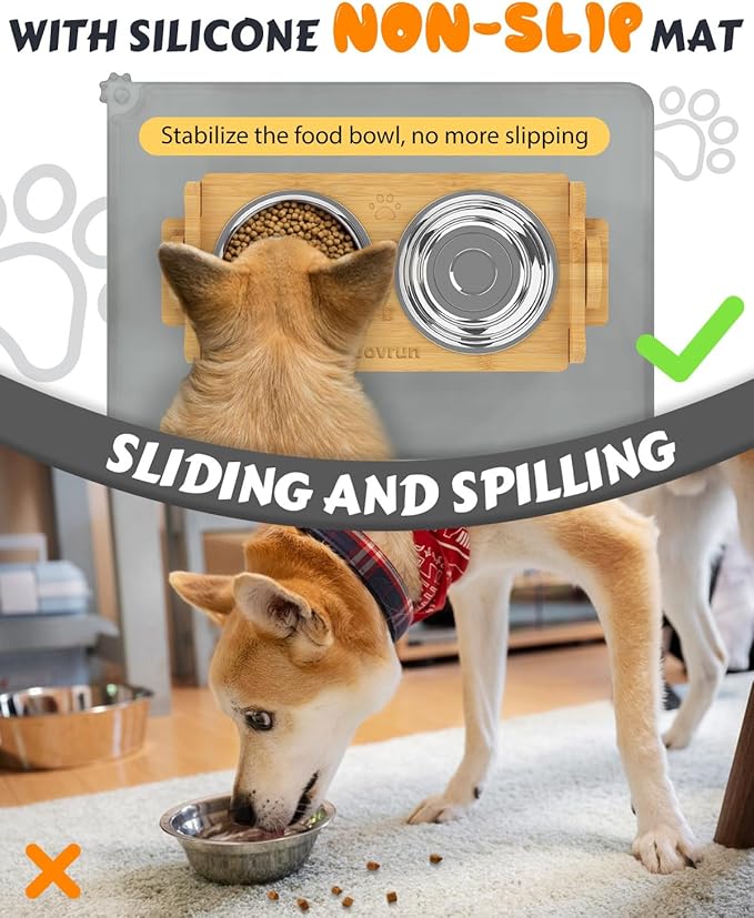 Jovrun Elevated Dog Bowls, Adjustable Raised Dog Bowl Stand for Small Size Dogs and Cats, Durable Bamboo Dogs Feeder with 2 Stainless Steel Bowls and Non-Slip Feet, Pet Food Bowl with Mat