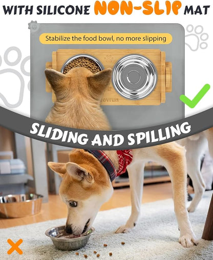 Jovrun Elevated Dog Bowls, Adjustable Raised Dog Bowl Stand for Small Size Dogs and Cats, Durable Bamboo Dogs Feeder with 2 Stainless Steel Bowls and Non-Slip Feet, Pet Food Bowl with Mat