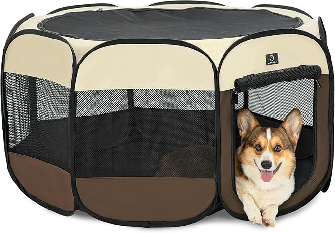 Dog Playpen for Small Dogs & Puppies, 40.55" Portable Indoor Outdoor Puppy Playpen with Bowl, Waterproof Floor, Foldable Pop-Up Pet Pen for Home, Travel & Daily Use, Brown+Beige