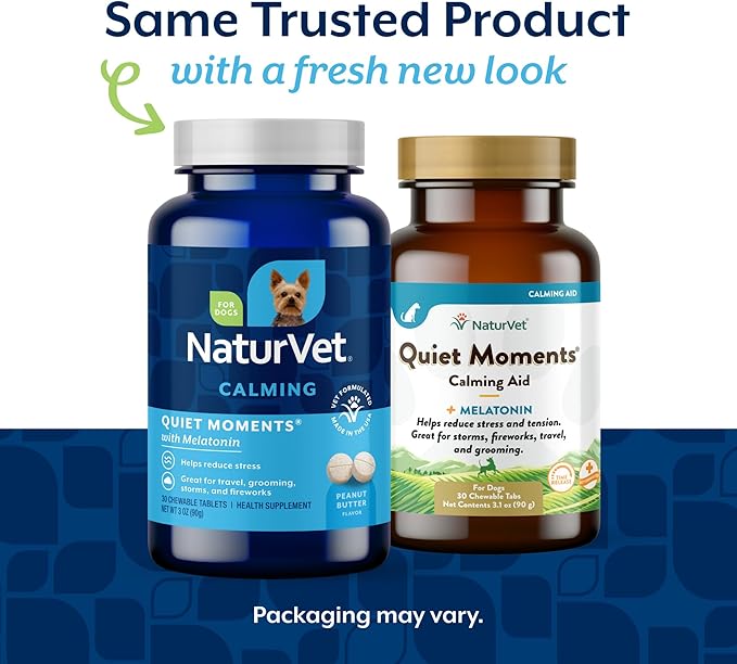 NaturVet Quiet Moments Calming Aid Melatonin Dog Supplement - Helps Reduce Stress in Dogs - for Pet Storm Anxiety, Motion Sickness, Grooming, Separation, Travel - 30 Ct. Tablets