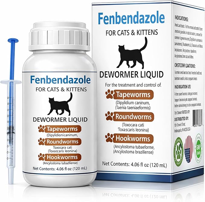 Cat Dewormer for Cats – Fenbendazole Liquid Broad Spectrum Wormer for Tapeworms, Roundworms & Hookworms, 120 mL (4.2 fl oz)