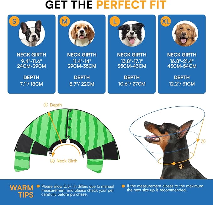 Queenmore Dog Cone, Cone for Dogs to Stop Licking, Dog Cones for Medium Dogs, Adjustable Doggy Recovery Collars & Cones, Elizabethan Collar for Pets After Surgery, Watermelon M