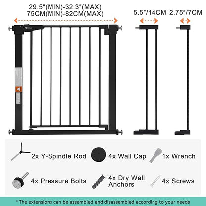 COMOMY 30" Tall Baby Gate for Stairs Doorways, Fits Openings 29.5" to 40.5" Wide, Auto Close Extra Wide Dog Gate for House, Pressure Mounted Easy Walk Through Pet Gate with Door, Black