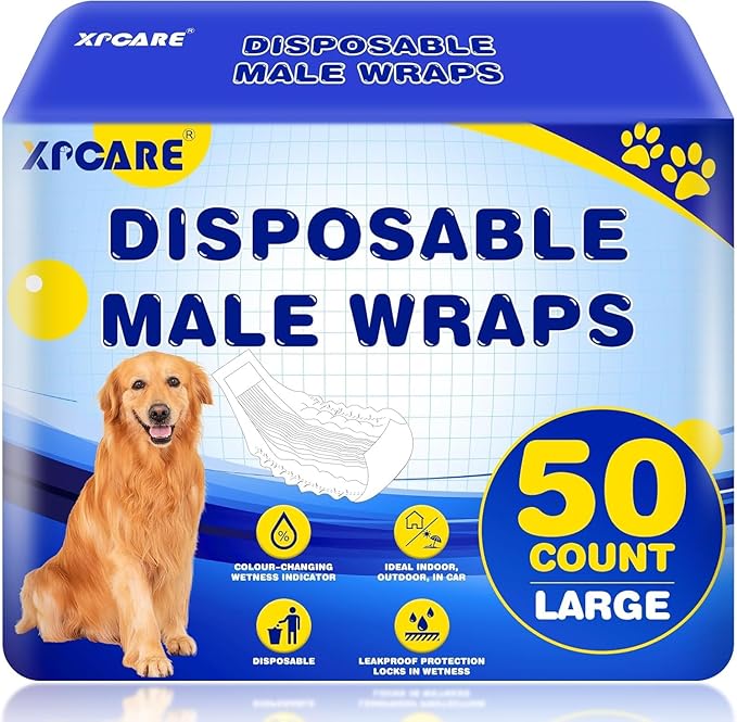 XPCARE 50 Count Disposable Male Dog Diapers, Male Dog Wraps,Super Absorbent Leak-Proof Fit (Large)