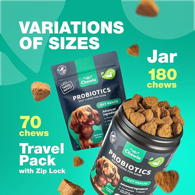 Probiotics for Dogs Gut Health, Digestion, Immunity, Yeast Balance, Itchy Skin, Allergies Support - Dog Probiotic Chews (Travel Pack) with Digestive Enzymes for Gut Flora - Pumpkin and Yeast Powder