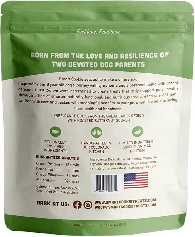Smart Cookie All Natural Soft Dog Treats - Duck & Squash - Training Treats for Dogs with Allergies or Sensitive Stomachs - Grain Free Dog Treats, Chewy, Human-Grade, Made in USA - 5oz Bag