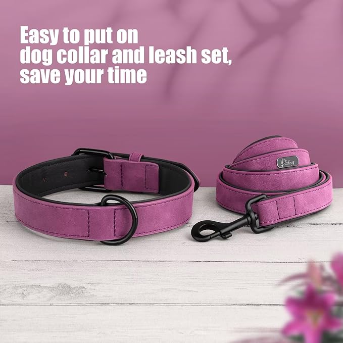 Didog Soft Padded Leather Dog Collar and Leash Set, Adjustable Dog Leash and Collar Set with Metal Buckle, Breathable Dog Collars with 4FT PU Leather Dog Leash for Small Dogs, Purple, S