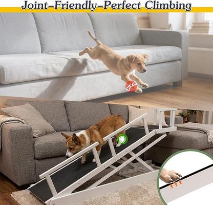 6 Level Height Adjustable Dog Ramp for Bed, Couch 65" Foldable Pet Ramp with Non-Slip Mat，DIY Glow Strips & Rest Platform Heavy Duty Dog Stairs for Large Dogs up to 200Lbs ，White