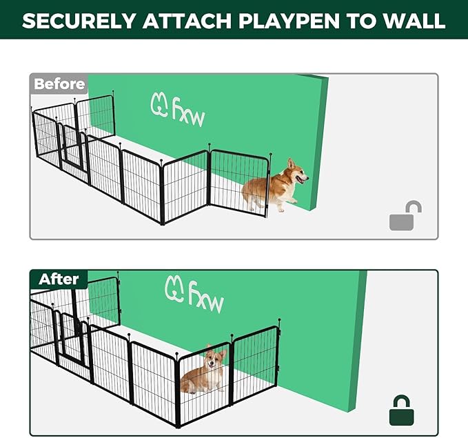 FXW Homeplus Unleashed Indoor Dog Playpen - Stress-Free and Safe Play, Heavy Duty 24 Inch 8 Panels with Fence-to-Wall Anchor (Pack of 4) for Puppy and Small Dogs, Black│Patented
