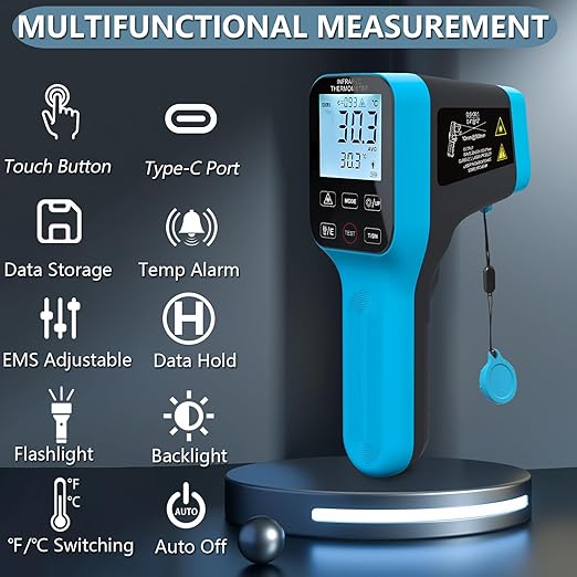 HOLDPEAK Pyrometer D:S=30:1 with Bluetooth, High Temp Infrared Thermometer -58℉~2912℉, Non-Contact Industrial Digital IR Laser Thermometer Gun with Waterproof Touch Button (NOT for Human)