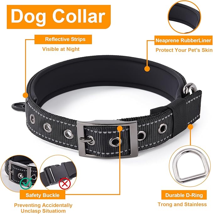 Annchwool No Pull Dog Harness,Heavy Duty Reflective Collar & Leash Set-Leash with Double Handle & Car Seatbelt Clip-Easy Control for Walking Training Medium Large Size Dogs(Black,XL)