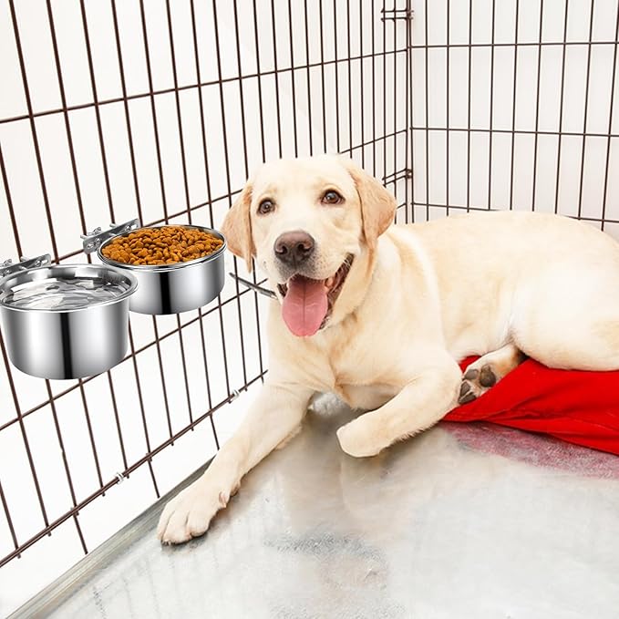Dog Crate Water Bowl No Spill 40oz & 60oz, 2 Pack Stainless Steel Large Dog Water Bowls for Cage, Crate, Kennel - Hanging Detachable Pet Water/Food Bowl for Indoor & Outdoor