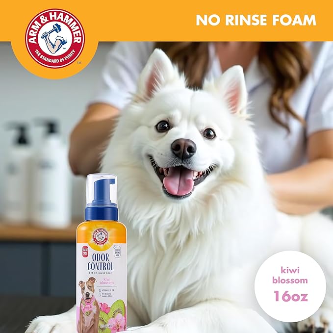 Arm & Hammer for Pets Odor Control Pet No-Rinse Foam with Baking Soda, Kiwi Blossom Scent, Best Odor Eliminating Foam for Dogs and Puppies; Waterless Dog Deodorizer, 16 Fl Oz (Pack of 2)