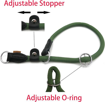 Braided Round Martingale Dog Collar, Training Collar with Slidable Stop Ring and Adjustable Stopper - Ideal for Medium Dogs (M(1/3") - 18" Long, Dark Green)