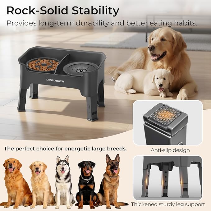 URPOWER Mess Proof Elevated Dog Bowls 4 Height Adjustable Raised Stand with No Spill Water Bowl and Slow Feeder Dog Bowls Non-Slip Food and Water Bowl Set for Small, Medium & Large Dogs