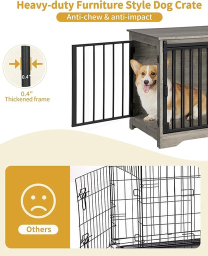 Hzuaneri 31.9" Dog Crate Furniture with Barn Door, Heavy Duty Dog Kennel Indoor with 2 Doors, Wooden Pet Cage End Table for Small Medium Dogs up to 44 lb, Anti-Chew Anti-Escape, Greige DFC83605B