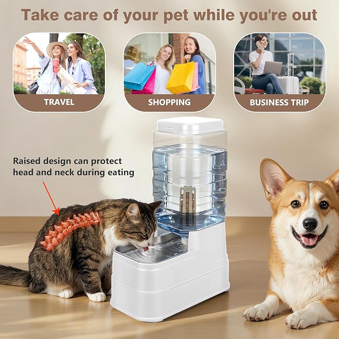 2.2 Gallon Pet Automatic Dog Water Dispenser Cat Gravity Waterer Feeder with Stainless Steel Bowl Large Capacity Puppy Feeding Raised Bowls with Filter,Ice Pack (White, 8L(2.2 Gallon))