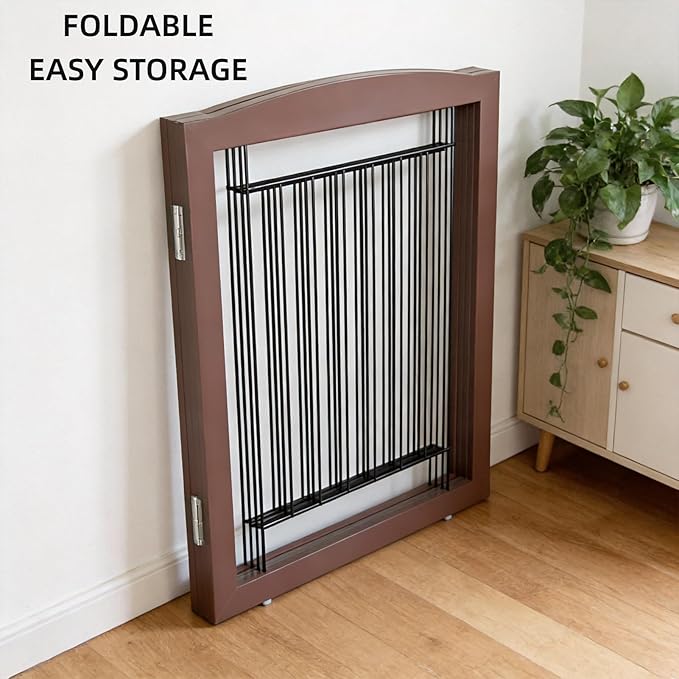ZJSF Freestanding Dog Fence Indoor, Foldable Dog Gate for Doorways, Stairs or Hallways, Sturdy Wood Extra Wide Pet Gate with Support Feet for The House, Brown, 24 "Height-3 Panels