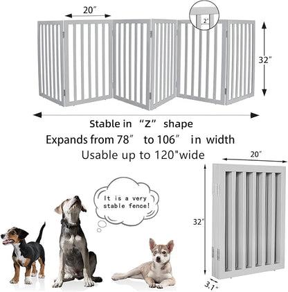 ZJSF Freestanding Indoor Dog Gate for House Foldable Wood Grey Puppy Gate for Doorways Pet Gate for Stairs Extra Wide Pet Fence 32" Height 6 Panels
