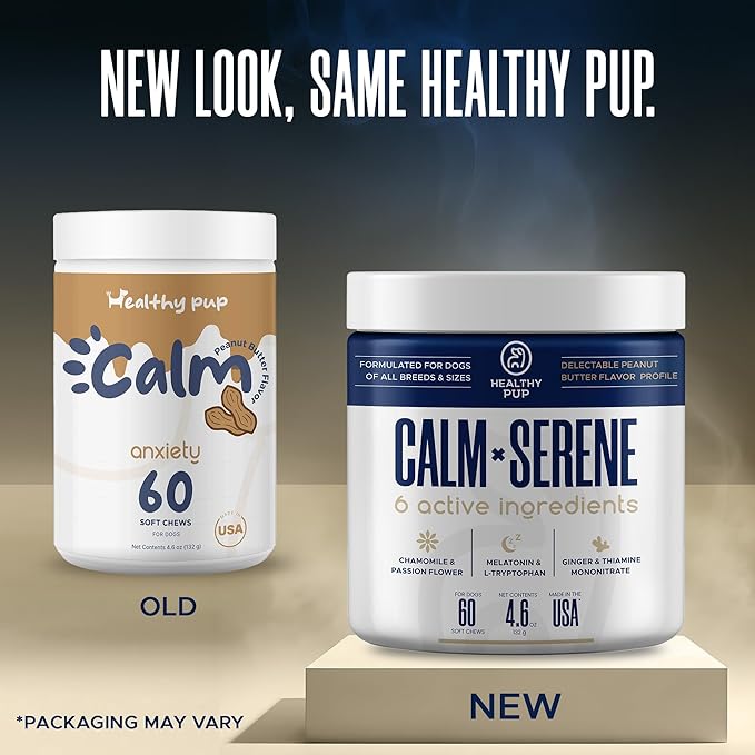 Healthy Pup Calming Chews for Dogs with Melatonin - 60 Delicious Soft Treats for Dog Anxiety Relief for Large and Small Dogs - Peanut Butter Flavor - Includes Chamomile, Thiamine, L-Tryptophan