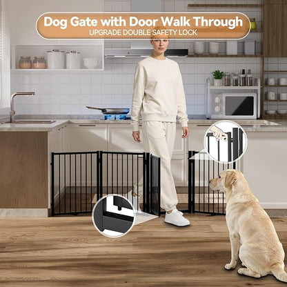 SNUOWU Full Metal Freestanding Dog Gate with Door, 24'' Height Foldable Pet Dog Fence for Indoor & Outdoor, 4 Panels Extra Wide Free Standing SmallDog Gates for Doorways,House,Stairs,Porch,Deck,Yard