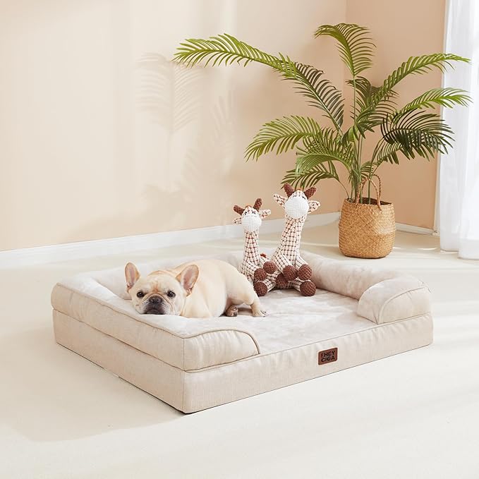 EHEYCIGA Orthopedic Dog Beds for Extra Large Dogs, Waterproof Memory Foam XL Pet Bed with Sides, Non-Slip Bottom and Egg-Crate Foam Big Dog Couch Bed with Washable Removable Cover, Beige
