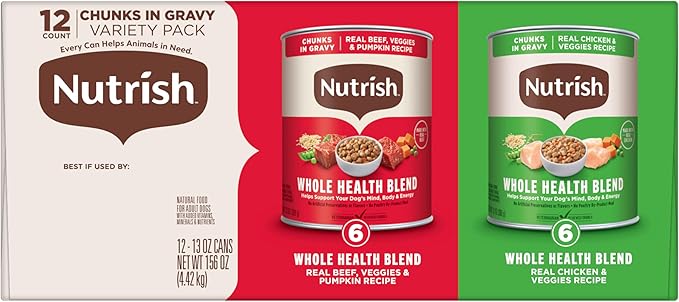Nutrish Whole Health Blend Chunks in Gravy Variety Pack Wet Dog Food, 13 oz. Can, 12 Count (Rachael Ray)