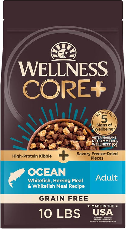 Wellness CORE+ Adult Dry Dog Food with Freeze Dried Pieces, Grain Free Kibble+, Natural, High Protein, Chicken Free, Whitefish, Herring, and Salmon Recipe, 10 lb Bag