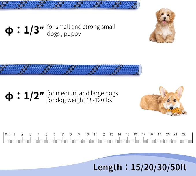 Long Dog Leash for Training 50Ft-Reflective Nylon Rope with Swivel Hook-Recall Agility Lead for Large Small Medium Dogs Outside Walking Hiking-Royal Blue